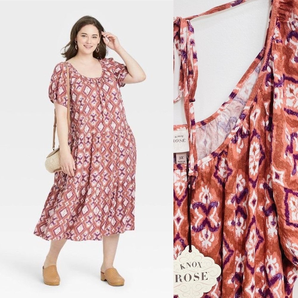 Knox Rose Women's Dress XXL Pink Short Sleeve Tiered Midi Ruffle Scoop Plus New